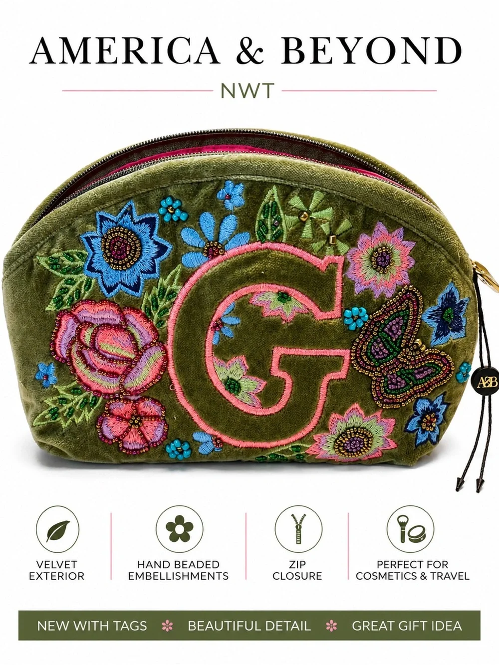 America & Beyond Olive Green Embroidered Clutch with Brass Charm